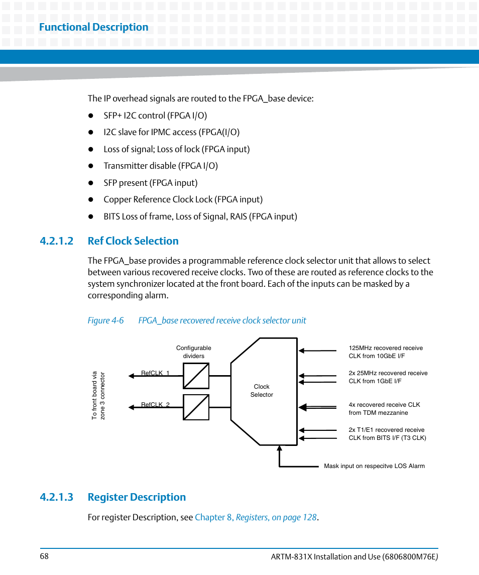 2 ref clock selection, 3 register description, 2 ref clock selection 4.2.1.3 register description | Figure 4-6, Fpga_base recovered receive clock selector unit, Functional description | Artesyn ARTM-831X Installation and Use (June 2014) User Manual | Page 68 / 346