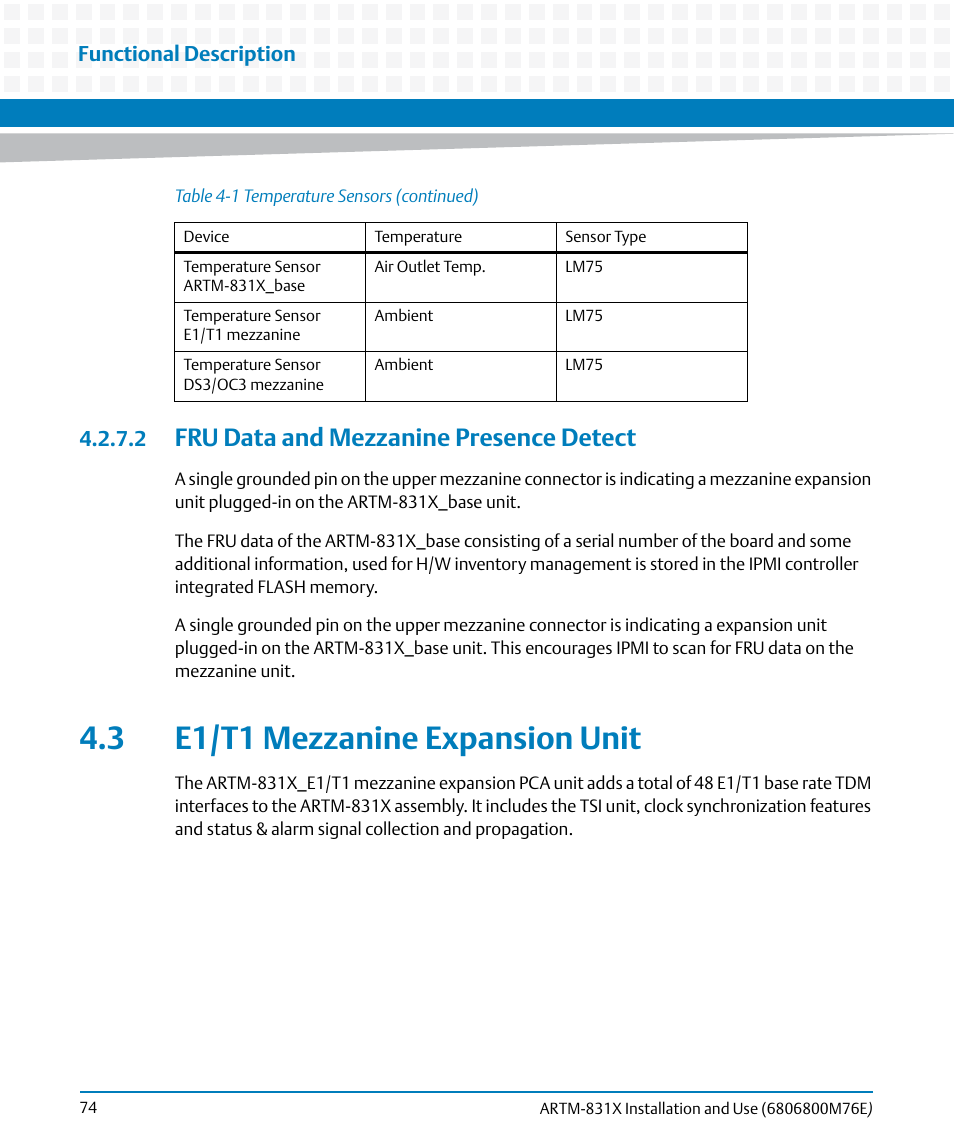2 fru data and mezzanine presence detect, 3 e1/t1 mezzanine expansion unit, Fru data and mezzanine presence detect | Artesyn ARTM-831X Installation and Use (June 2014) User Manual | Page 74 / 346