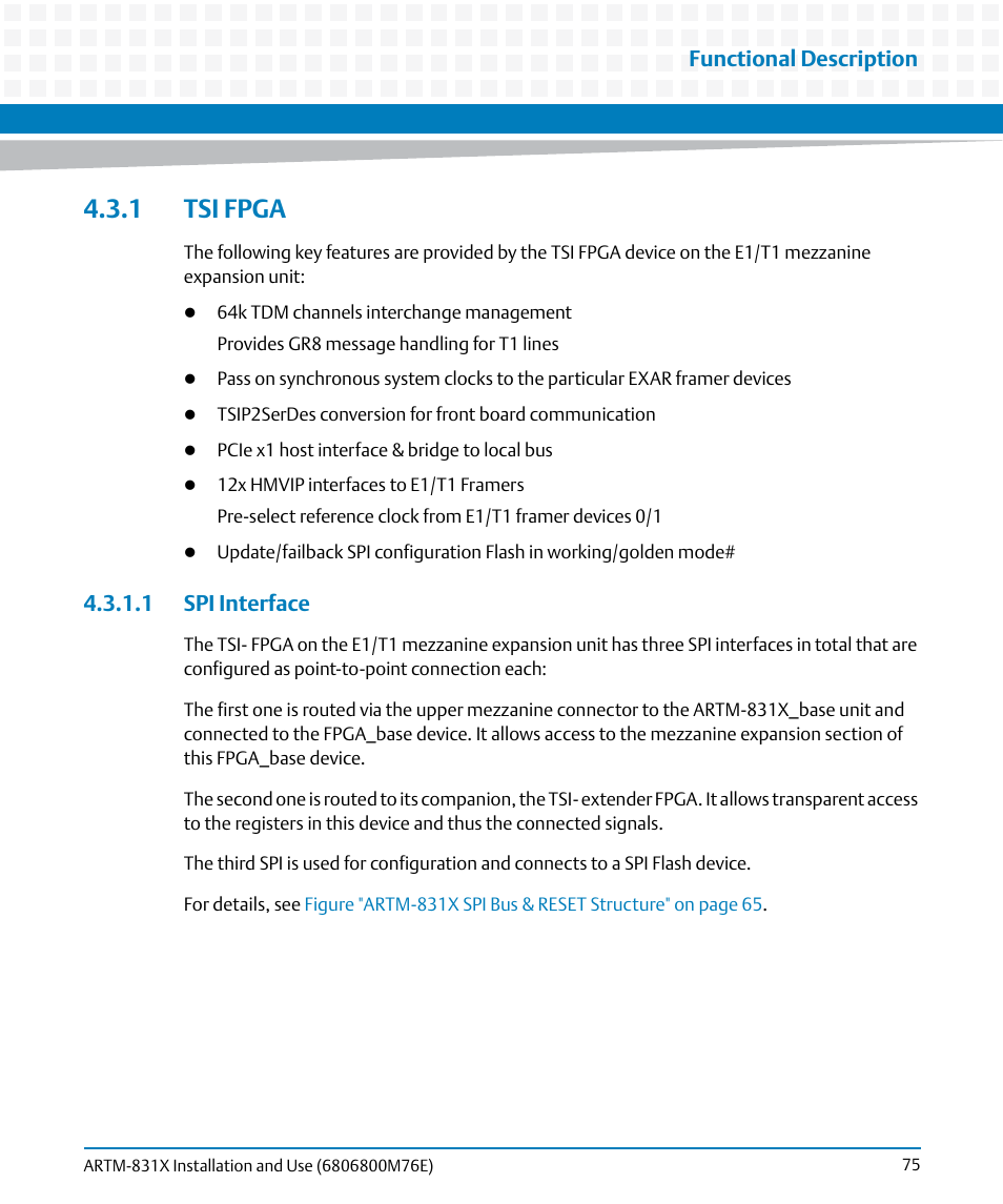 1 tsi fpga, 1 spi interface, Functional description | Artesyn ARTM-831X Installation and Use (June 2014) User Manual | Page 75 / 346