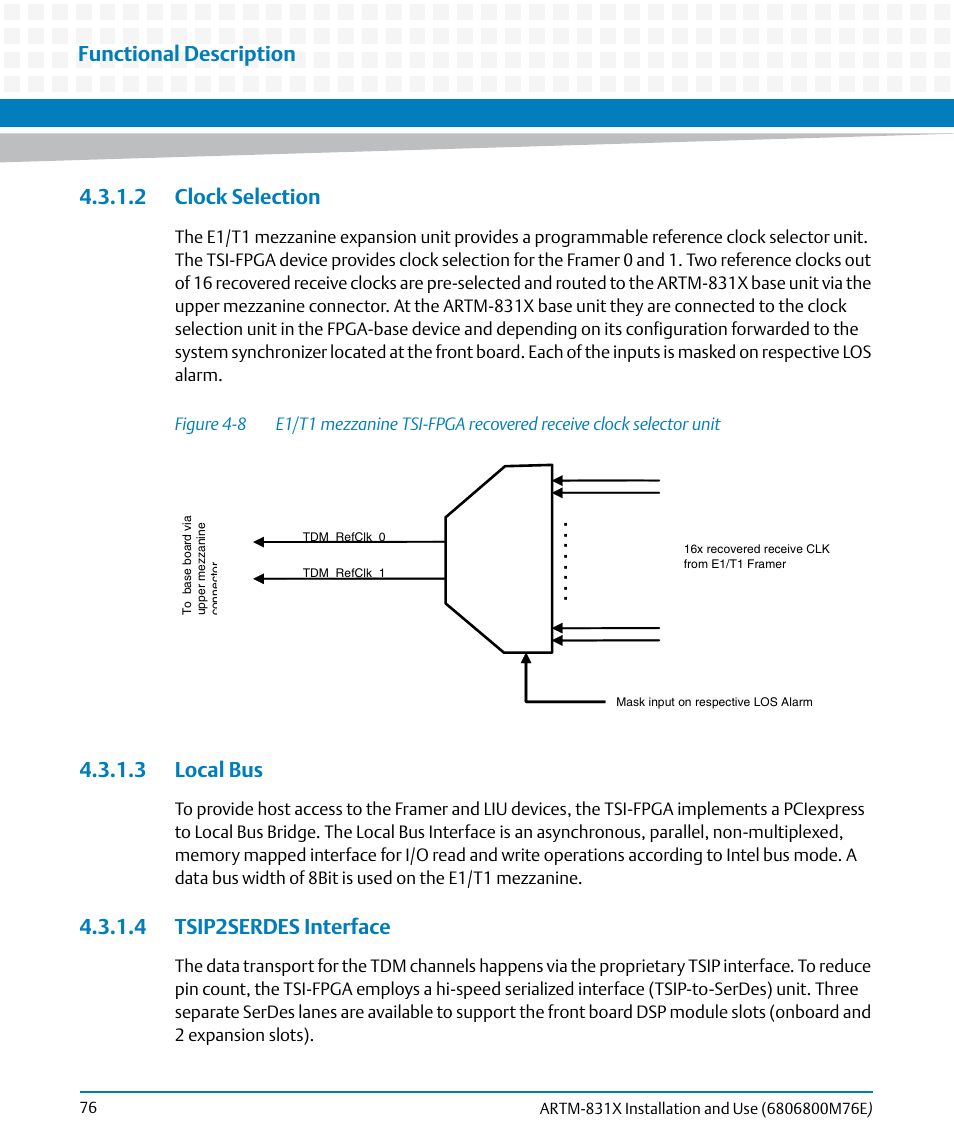 2 clock selection, 3 local bus, 4 tsip2serdes interface | Figure 4-8, Functional description | Artesyn ARTM-831X Installation and Use (June 2014) User Manual | Page 76 / 346