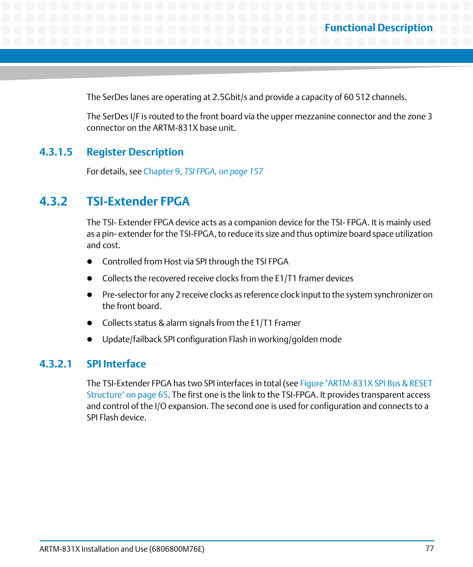 5 register description, 2 tsi-extender fpga, 1 spi interface | Artesyn ARTM-831X Installation and Use (June 2014) User Manual | Page 77 / 346