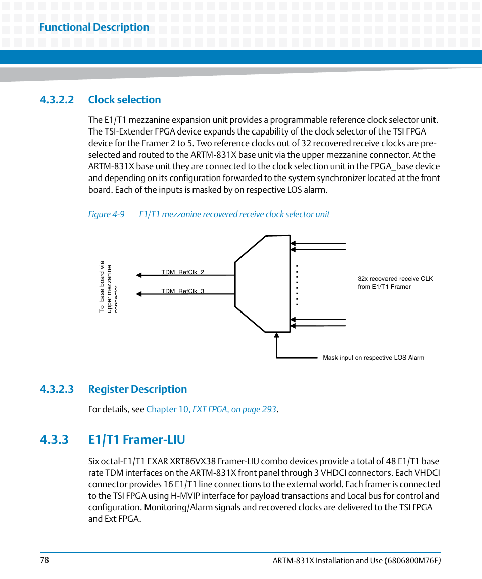 2 clock selection, 3 register description, 3 e1/t1 framer-liu | 2 clock selection 4.3.2.3 register description, Figure 4-9, Functional description | Artesyn ARTM-831X Installation and Use (June 2014) User Manual | Page 78 / 346