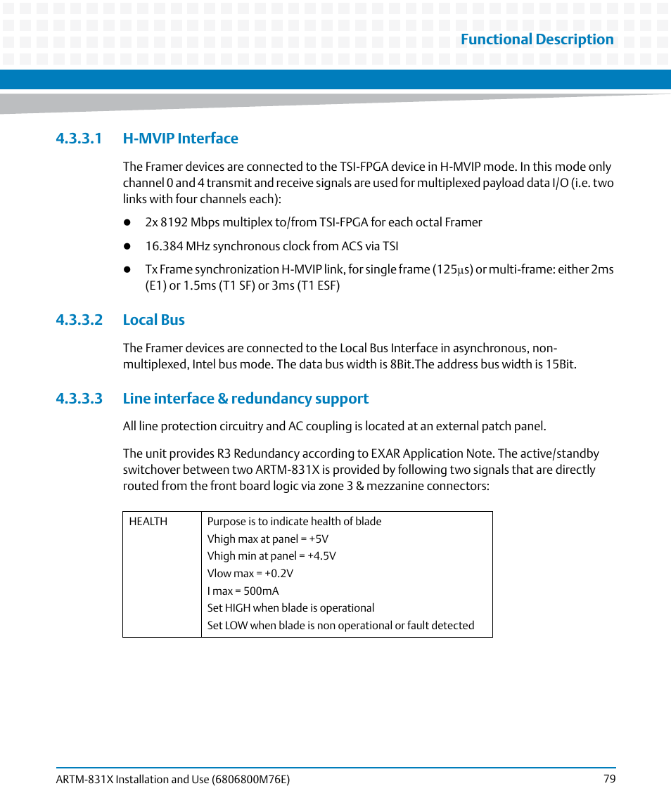 1 h-mvip interface, 2 local bus, 3 line interface & redundancy support | Artesyn ARTM-831X Installation and Use (June 2014) User Manual | Page 79 / 346