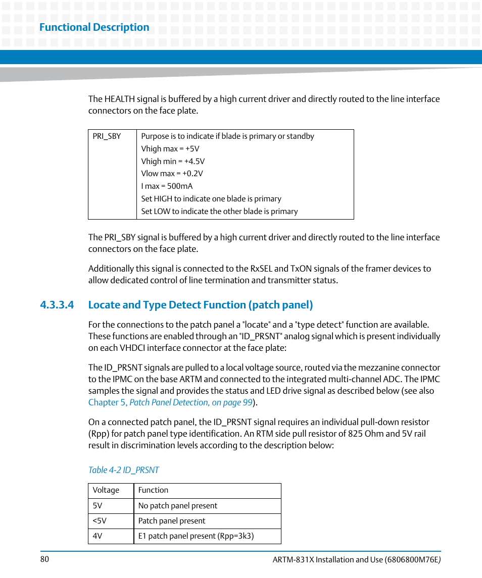 4 locate and type detect function (patch panel), Table 4-2, Id_prsnt | Functional description | Artesyn ARTM-831X Installation and Use (June 2014) User Manual | Page 80 / 346