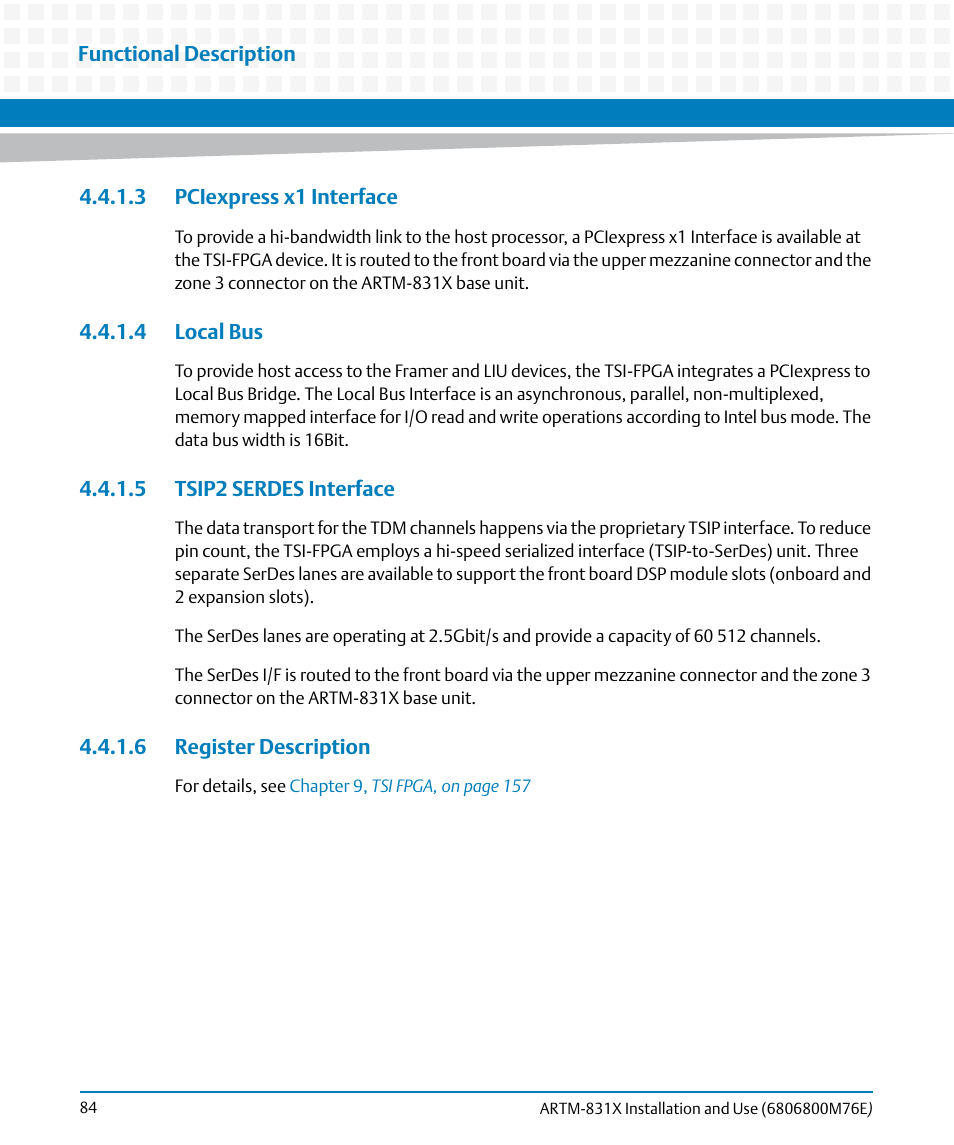 3 pciexpress x1 interface, 4 local bus, 5 tsip2 serdes interface | 6 register description | Artesyn ARTM-831X Installation and Use (June 2014) User Manual | Page 84 / 346