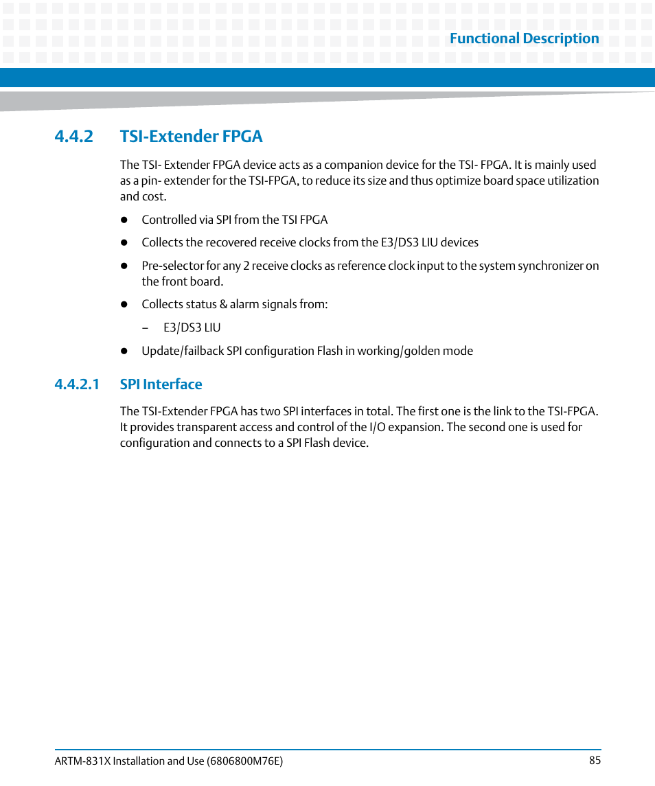 2 tsi-extender fpga, 1 spi interface | Artesyn ARTM-831X Installation and Use (June 2014) User Manual | Page 85 / 346