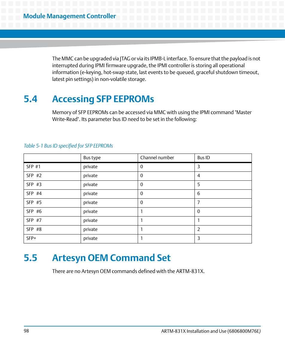 4 accessing sfp eeproms, 5 artesyn oem command set, Table 5-1 | Bus id specified for sfp eeproms, Module management controller | Artesyn ARTM-831X Installation and Use (June 2014) User Manual | Page 98 / 346
