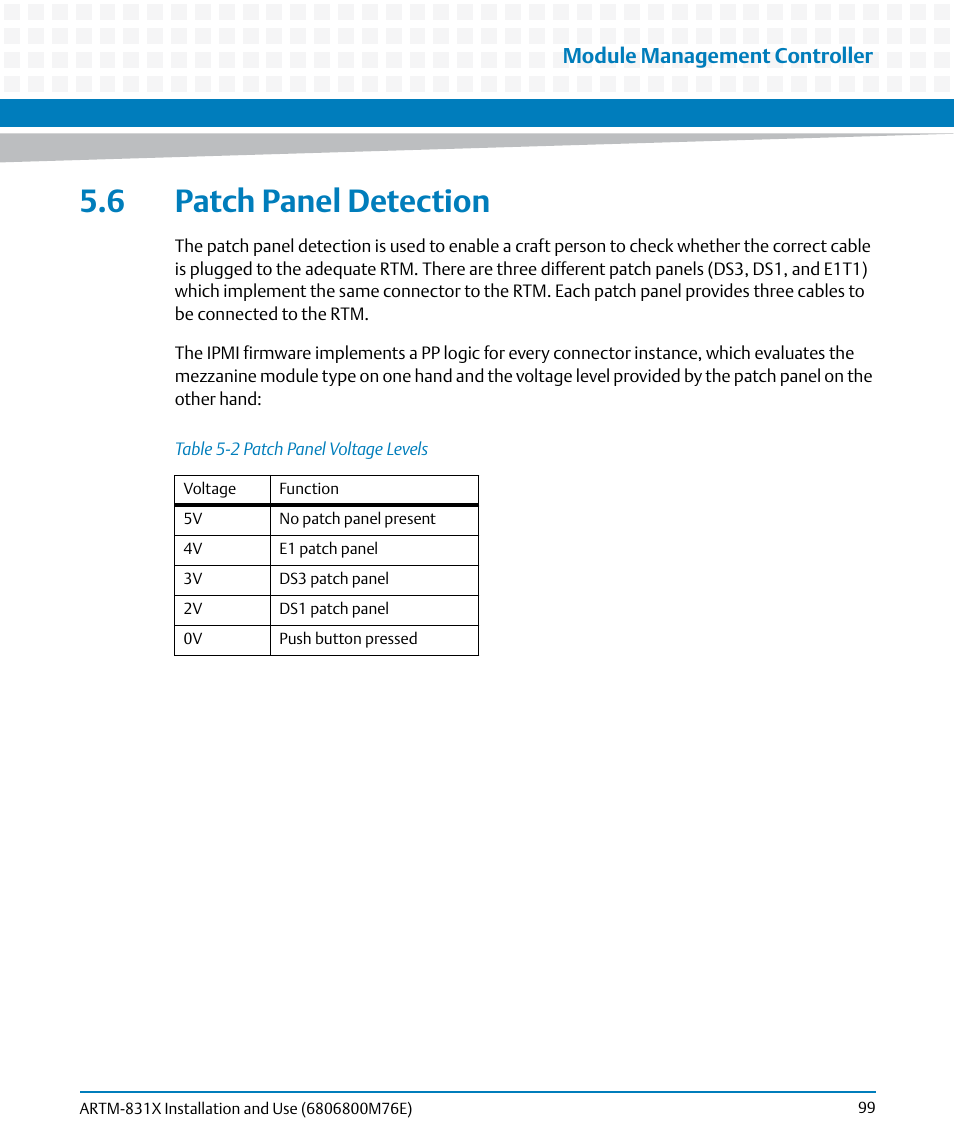6 patch panel detection, Table 5-2, Patch panel voltage levels | Module management controller | Artesyn ARTM-831X Installation and Use (June 2014) User Manual | Page 99 / 346