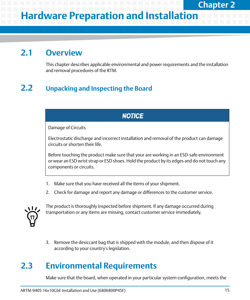 Hardware preparation and installation, 1 overview, 2 unpacking and inspecting the board | 3 environmental requirements, Chapter 2 | Artesyn ARTM-9405 16x10GbE Installation and Use Guide (May 2014) User Manual | Page 15 / 64