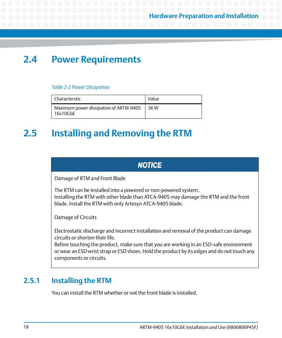 4 power requirements, 5 installing and removing the rtm, 1 installing the rtm | Table 2-2, Power dissipation | Artesyn ARTM-9405 16x10GbE Installation and Use Guide (May 2014) User Manual | Page 18 / 64