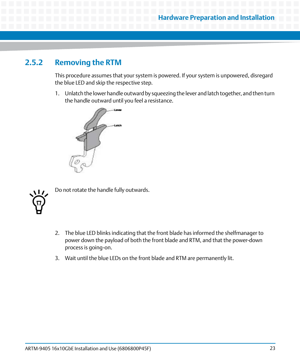 2 removing the rtm | Artesyn ARTM-9405 16x10GbE Installation and Use Guide (May 2014) User Manual | Page 23 / 64