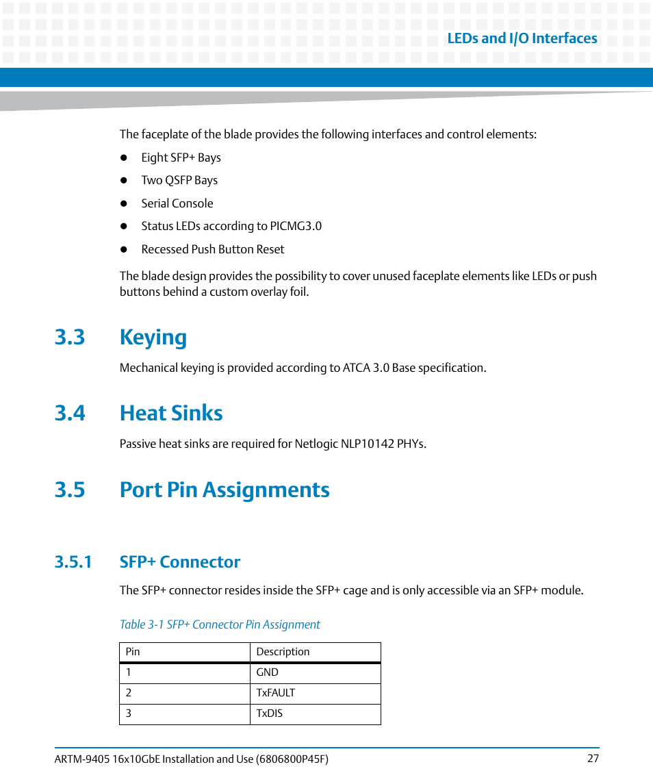 3 keying, 4 heat sinks, 5 port pin assignments | 1 sfp+ connector, 3 keying 3.4 heat sinks 3.5 port pin assignments, Table 3-1, Sfp+ connector pin assignment | Artesyn ARTM-9405 16x10GbE Installation and Use Guide (May 2014) User Manual | Page 27 / 64