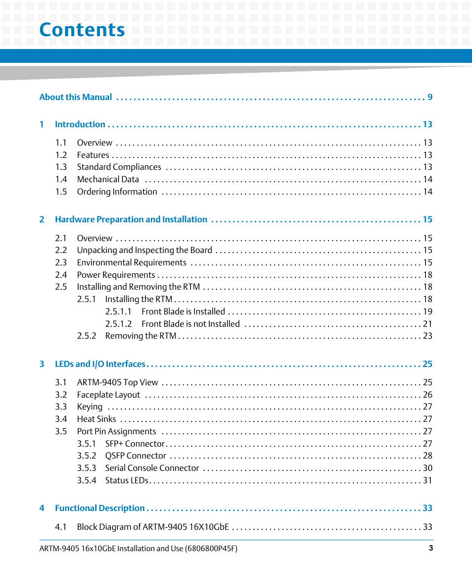 Artesyn ARTM-9405 16x10GbE Installation and Use Guide (May 2014) User Manual | Page 3 / 64