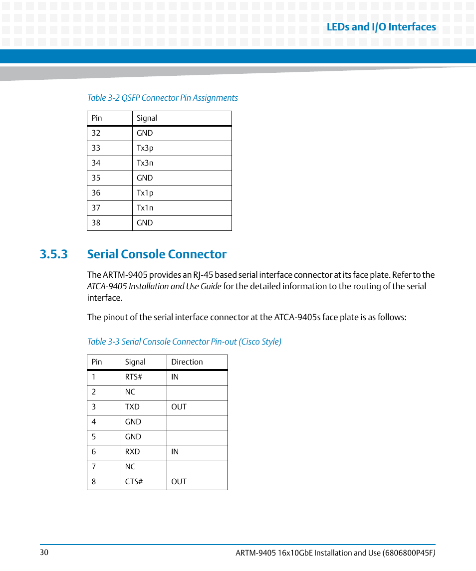 3 serial console connector, Table 3-3, Serial console connector pin-out (cisco style) | Leds and i/o interfaces | Artesyn ARTM-9405 16x10GbE Installation and Use Guide (May 2014) User Manual | Page 30 / 64