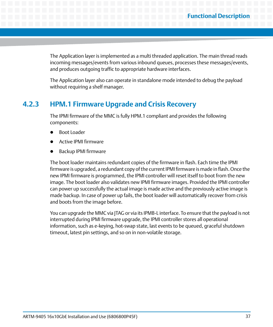 3 hpm.1 firmware upgrade and crisis recovery, Functional description | Artesyn ARTM-9405 16x10GbE Installation and Use Guide (May 2014) User Manual | Page 37 / 64