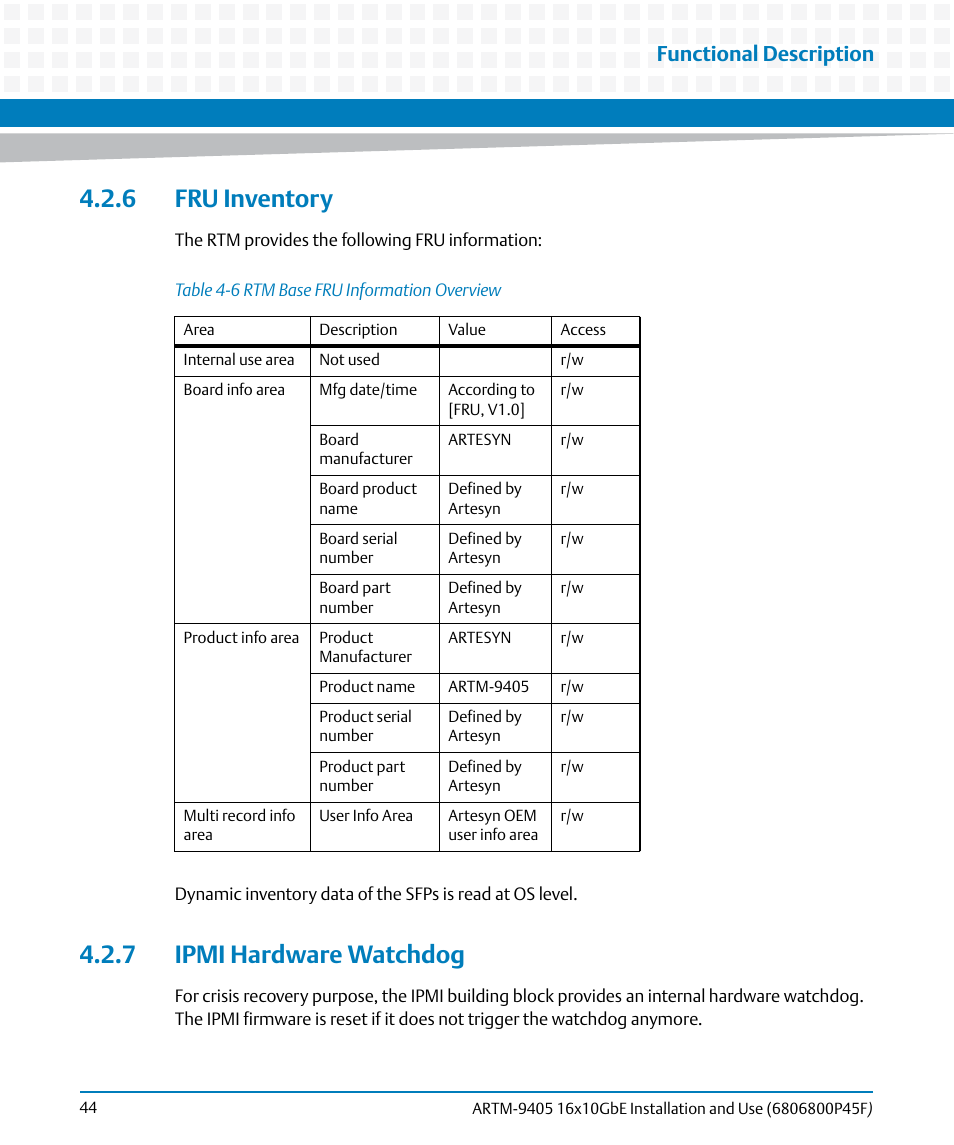 6 fru inventory, 7 ipmi hardware watchdog, 6 fru inventory 4.2.7 ipmi hardware watchdog | Table 4-6, Rtm base fru information overview, Functional description | Artesyn ARTM-9405 16x10GbE Installation and Use Guide (May 2014) User Manual | Page 44 / 64
