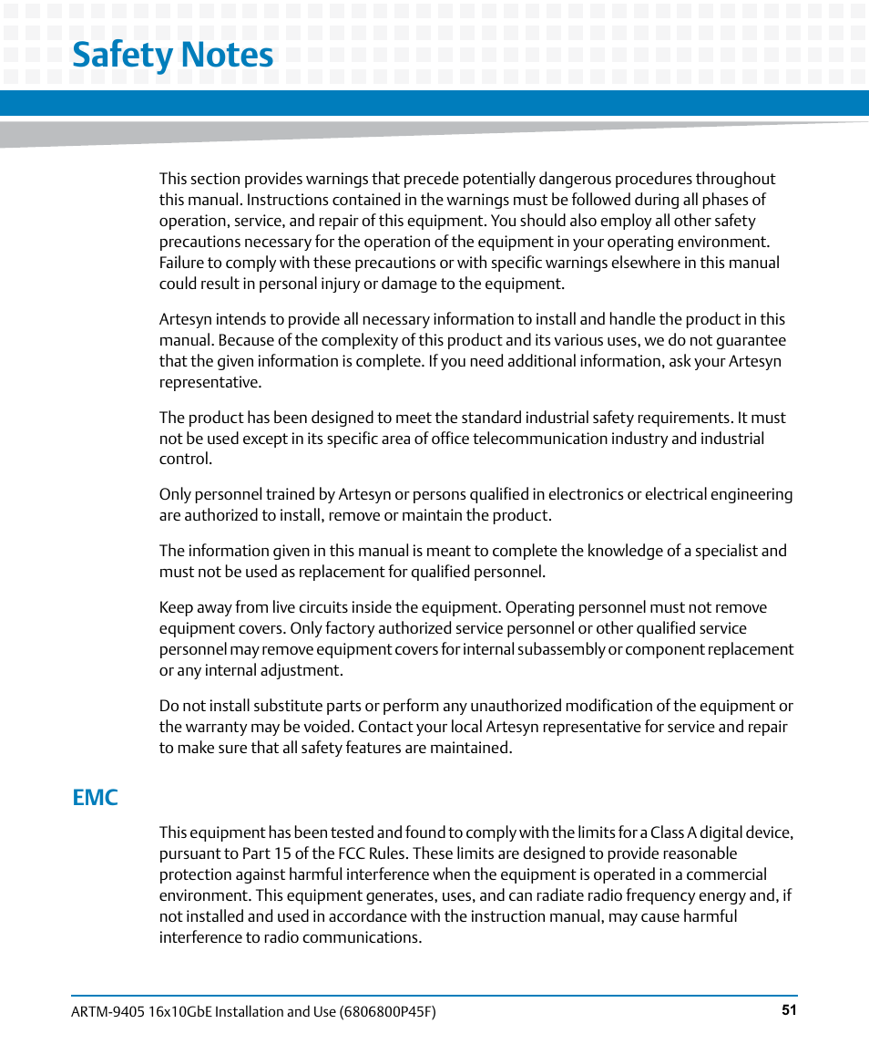 Safety notes | Artesyn ARTM-9405 16x10GbE Installation and Use Guide (May 2014) User Manual | Page 51 / 64