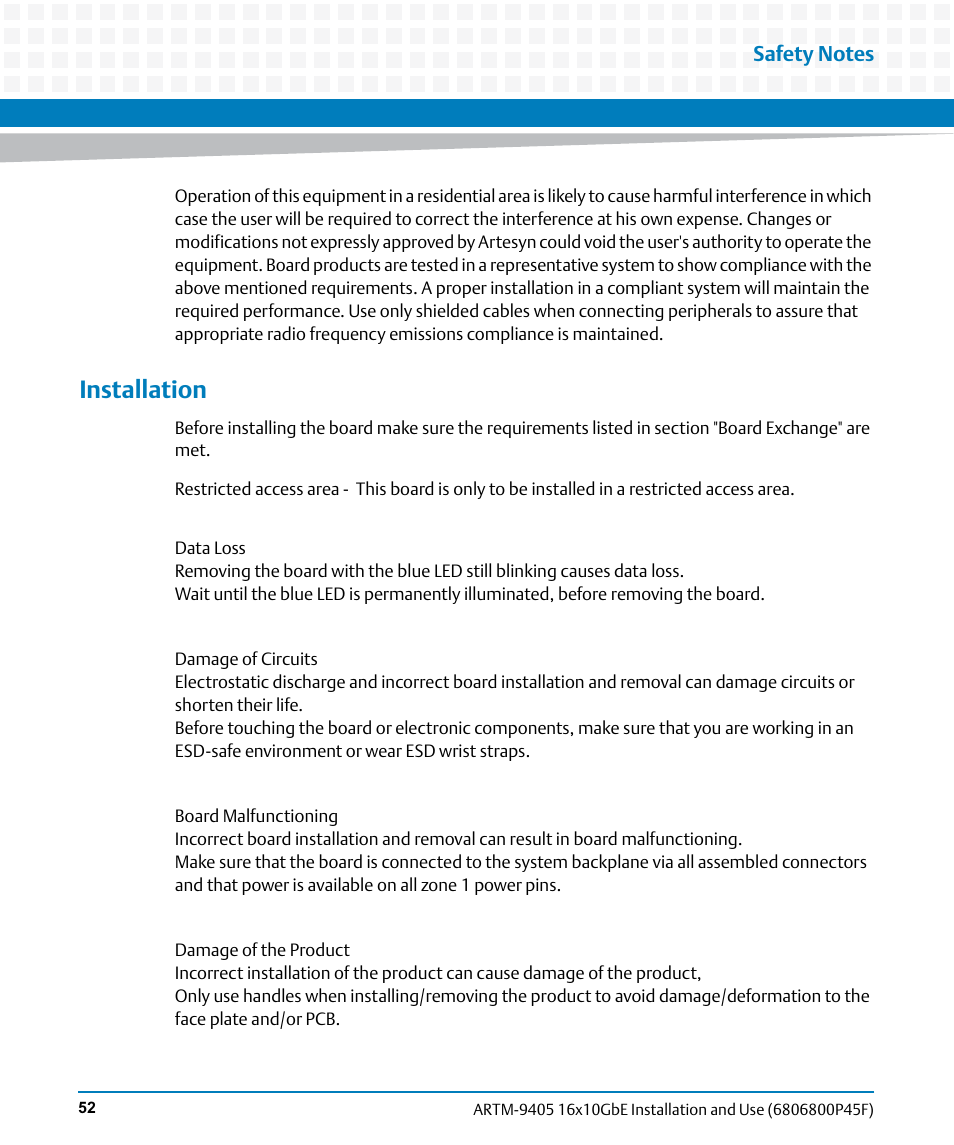 Installation | Artesyn ARTM-9405 16x10GbE Installation and Use Guide (May 2014) User Manual | Page 52 / 64