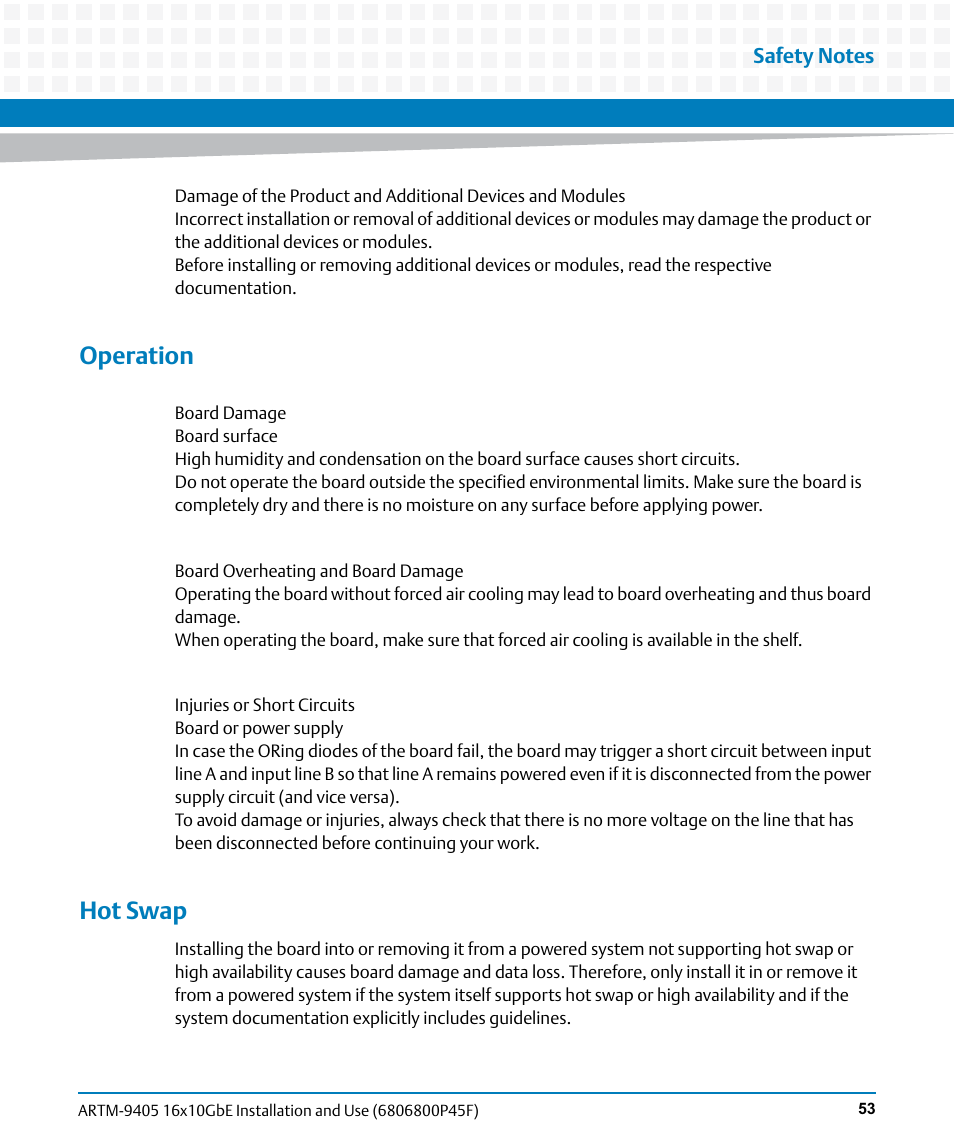 Operation, Hot swap | Artesyn ARTM-9405 16x10GbE Installation and Use Guide (May 2014) User Manual | Page 53 / 64