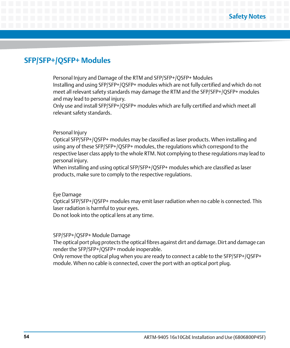 Sfp/sfp+/qsfp+ modules | Artesyn ARTM-9405 16x10GbE Installation and Use Guide (May 2014) User Manual | Page 54 / 64