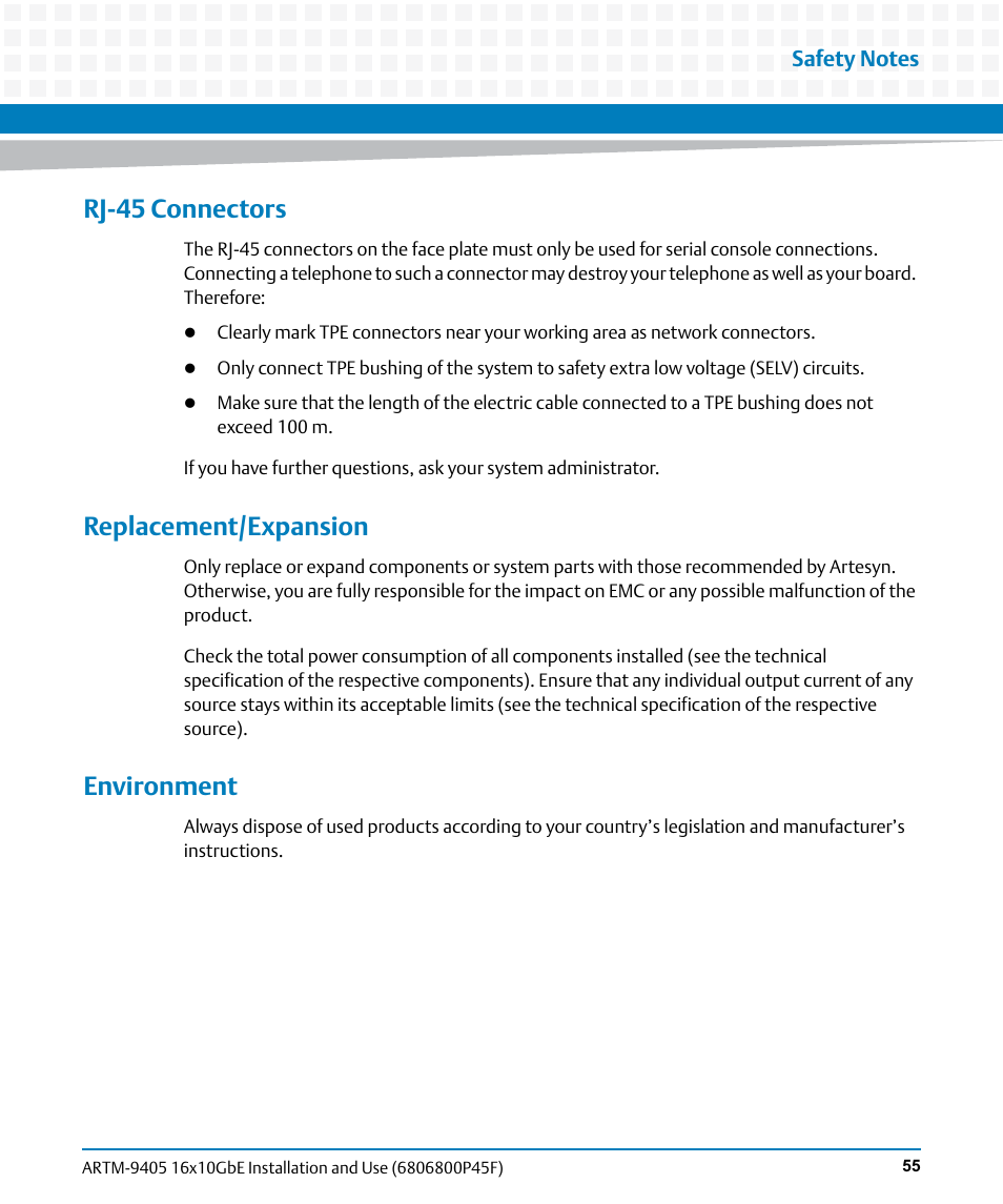 Rj-45 connectors, Replacement/expansion, Environment | Artesyn ARTM-9405 16x10GbE Installation and Use Guide (May 2014) User Manual | Page 55 / 64