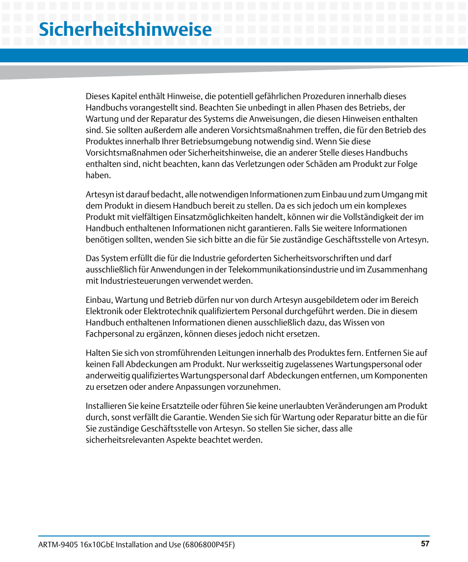 Sicherheitshinweise | Artesyn ARTM-9405 16x10GbE Installation and Use Guide (May 2014) User Manual | Page 57 / 64