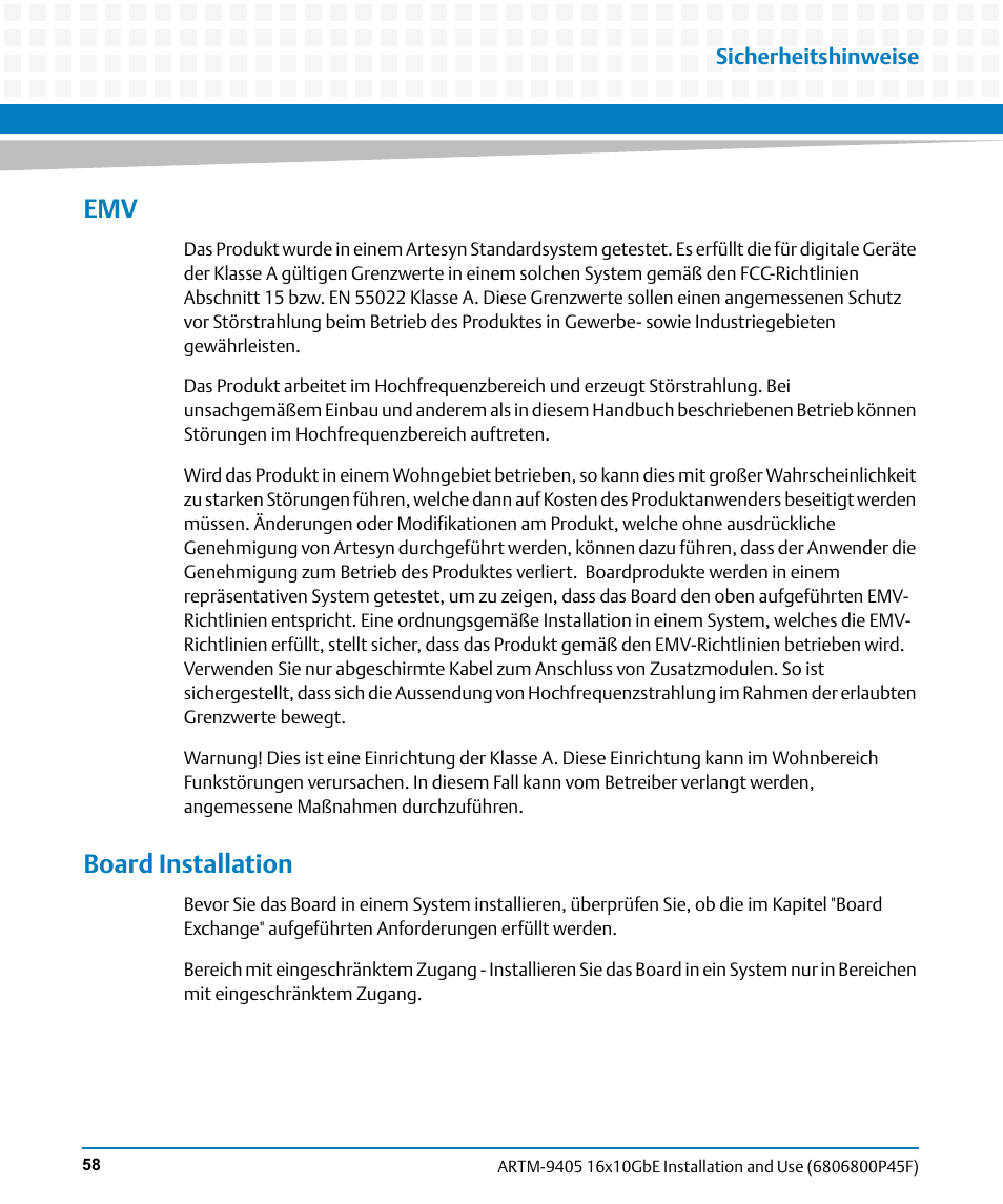 Board installation | Artesyn ARTM-9405 16x10GbE Installation and Use Guide (May 2014) User Manual | Page 58 / 64