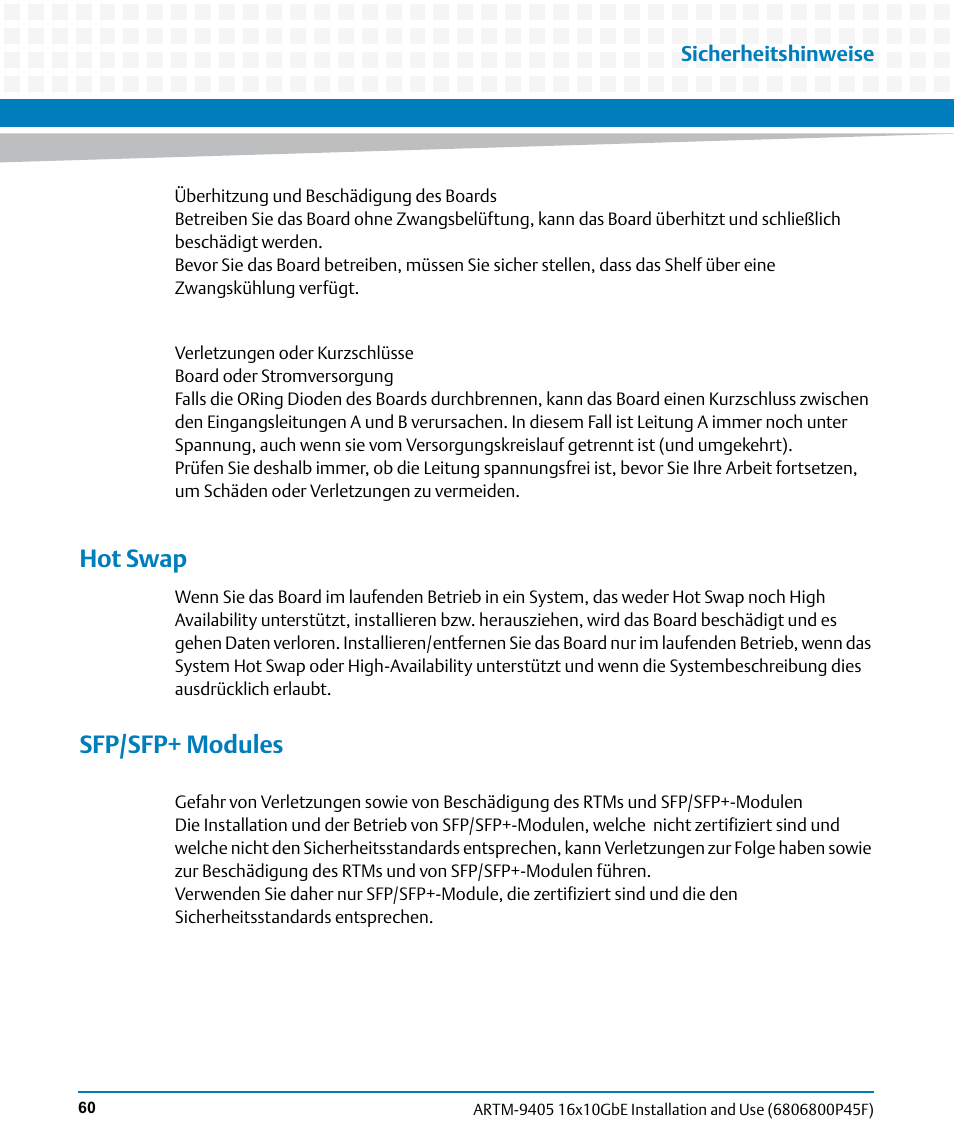 Hot swap, Sfp/sfp+ modules | Artesyn ARTM-9405 16x10GbE Installation and Use Guide (May 2014) User Manual | Page 60 / 64