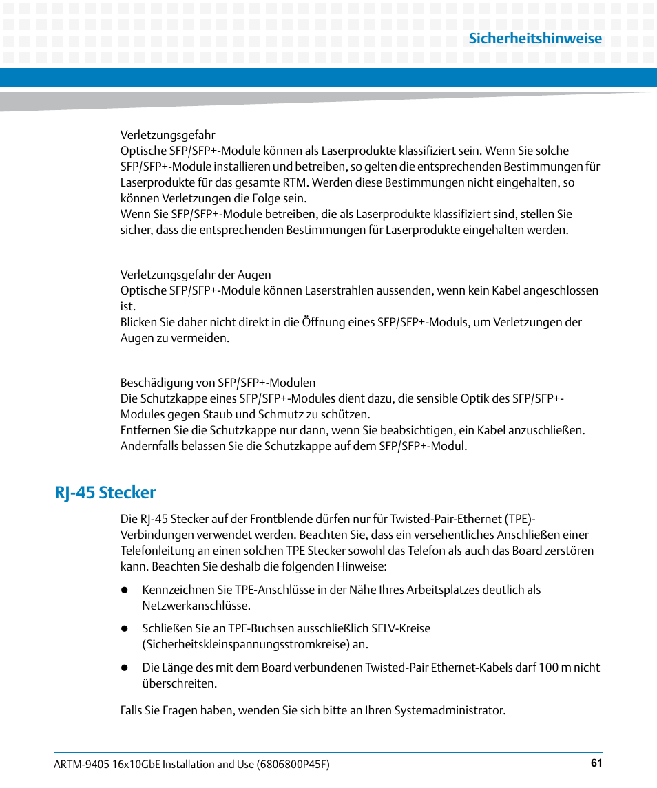 Rj-45 stecker, Sicherheitshinweise | Artesyn ARTM-9405 16x10GbE Installation and Use Guide (May 2014) User Manual | Page 61 / 64