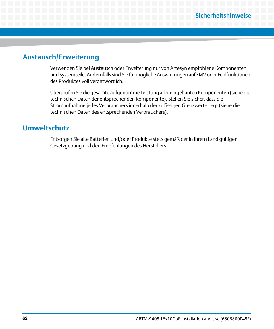 Austausch/erweiterung, Umweltschutz | Artesyn ARTM-9405 16x10GbE Installation and Use Guide (May 2014) User Manual | Page 62 / 64