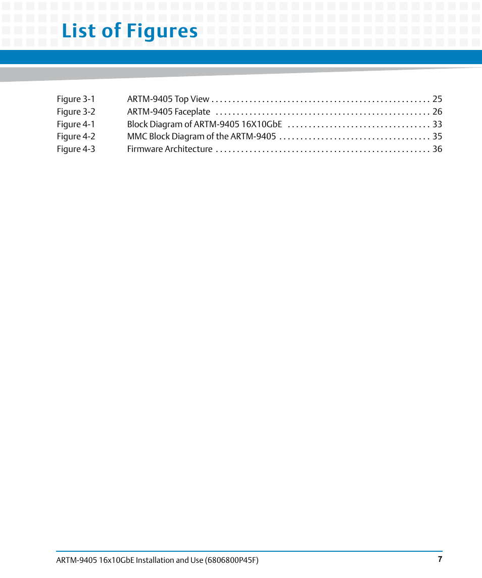 List of figures | Artesyn ARTM-9405 16x10GbE Installation and Use Guide (May 2014) User Manual | Page 7 / 64