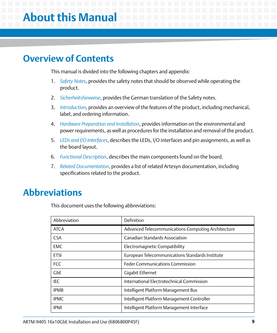 About this manual, Overview of contents, Abbreviations | Artesyn ARTM-9405 16x10GbE Installation and Use Guide (May 2014) User Manual | Page 9 / 64