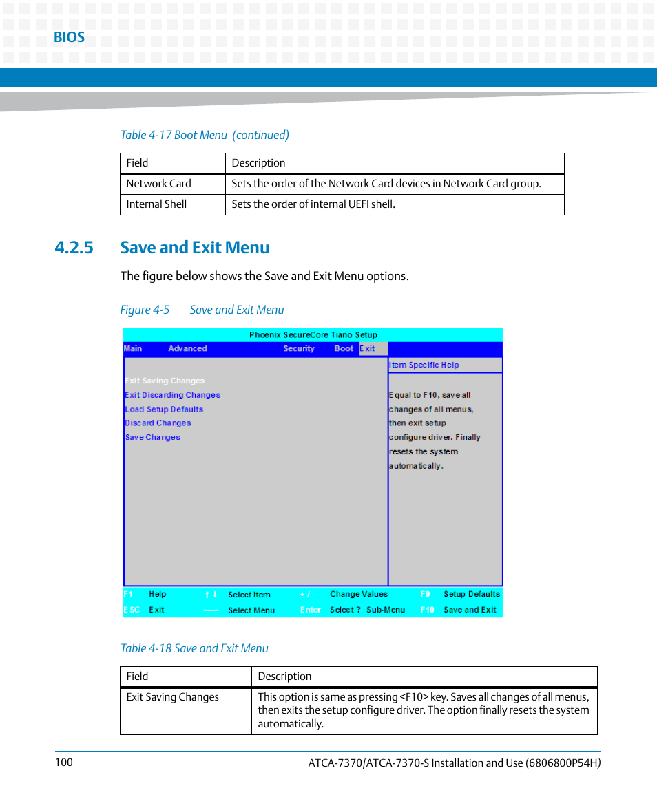 5 save and exit menu, Table 4-18, Save and exit menu | Figure 4-5, Bios | Artesyn ATCA 7370 / ATCA 7370-S Installation and Use (January 2015) User Manual | Page 100 / 256