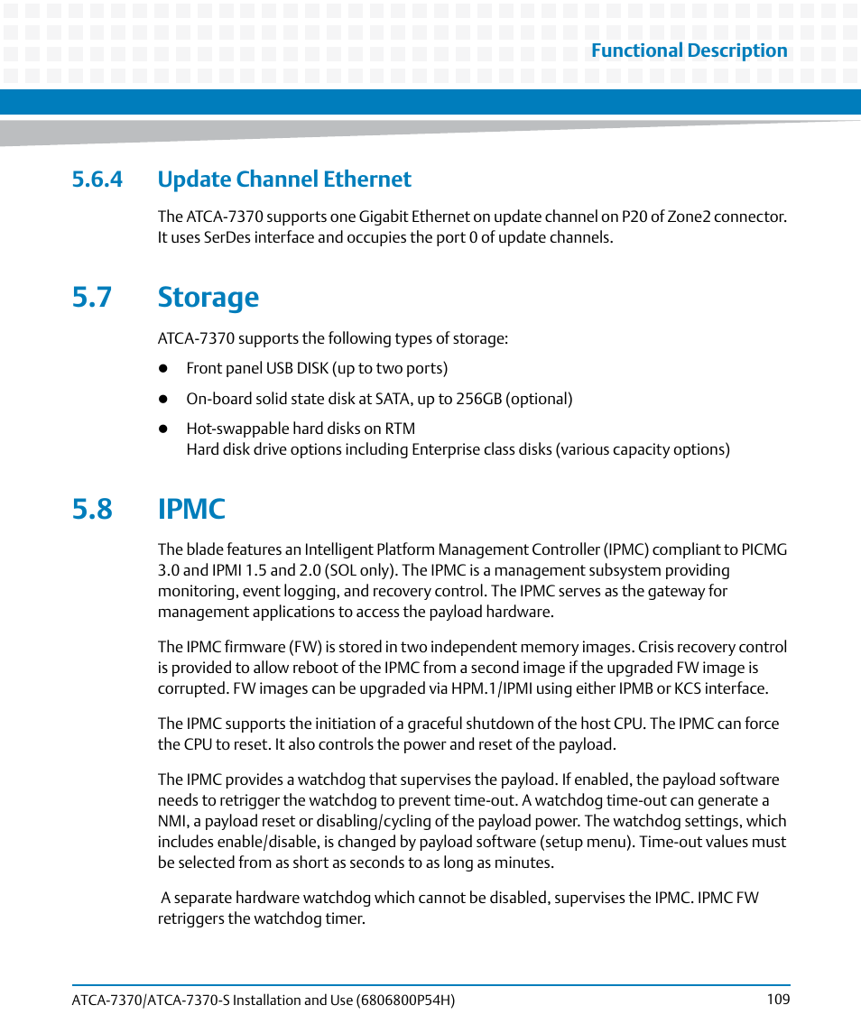 4 update channel ethernet, 7 storage, 8 ipmc | 7 storage 5.8 ipmc | Artesyn ATCA 7370 / ATCA 7370-S Installation and Use (January 2015) User Manual | Page 109 / 256