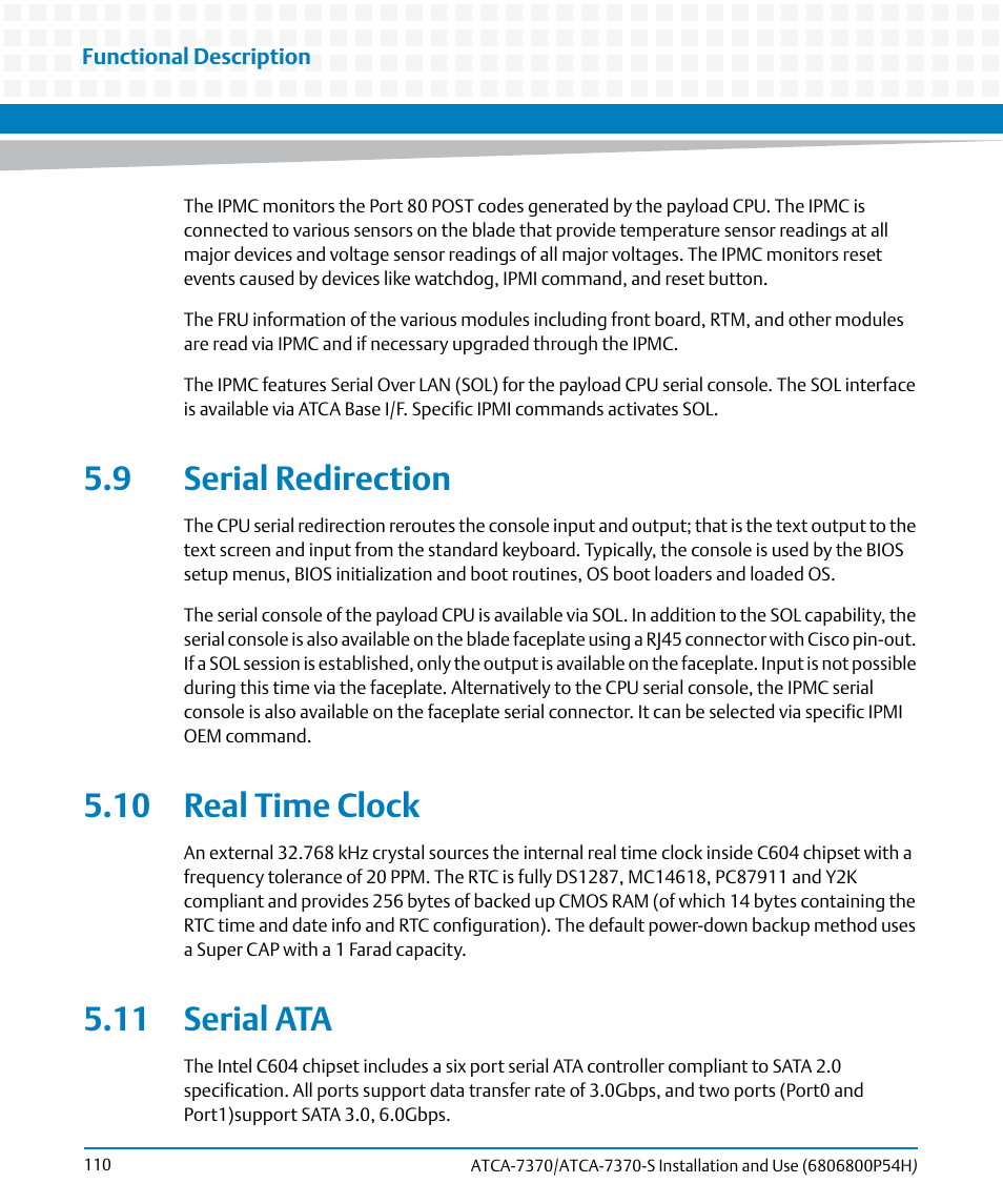 9 serial redirection, 10 real time clock, 11 serial ata | Artesyn ATCA 7370 / ATCA 7370-S Installation and Use (January 2015) User Manual | Page 110 / 256