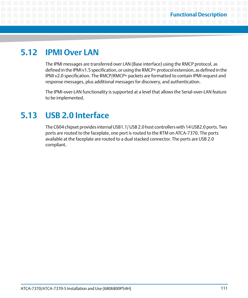 12 ipmi over lan, 13 usb 2.0 interface, 12 ipmi over lan 5.13 usb 2.0 interface | Artesyn ATCA 7370 / ATCA 7370-S Installation and Use (January 2015) User Manual | Page 111 / 256
