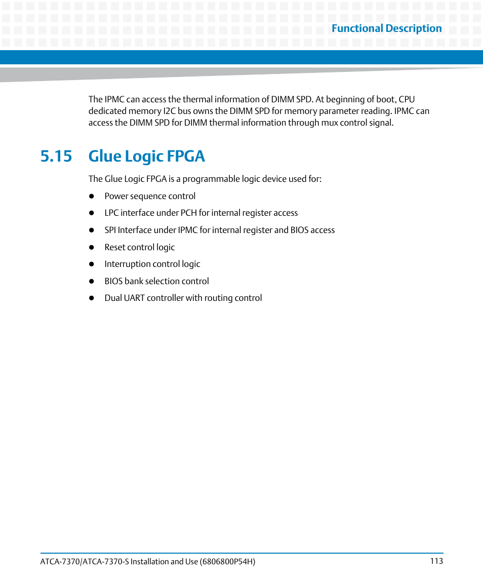 15 glue logic fpga, Functional description | Artesyn ATCA 7370 / ATCA 7370-S Installation and Use (January 2015) User Manual | Page 113 / 256