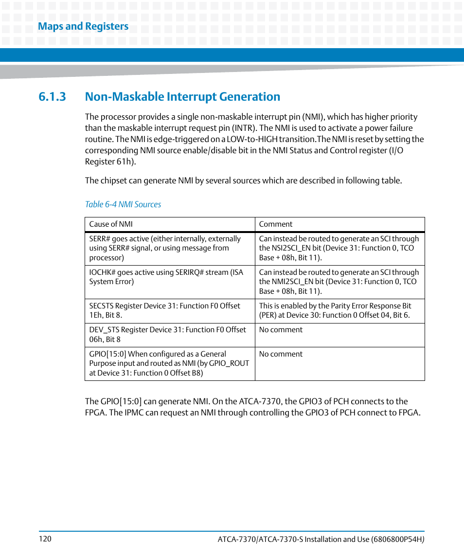 3 non-maskable interrupt generation, Table 6-4, Nmi sources | Maps and registers | Artesyn ATCA 7370 / ATCA 7370-S Installation and Use (January 2015) User Manual | Page 120 / 256