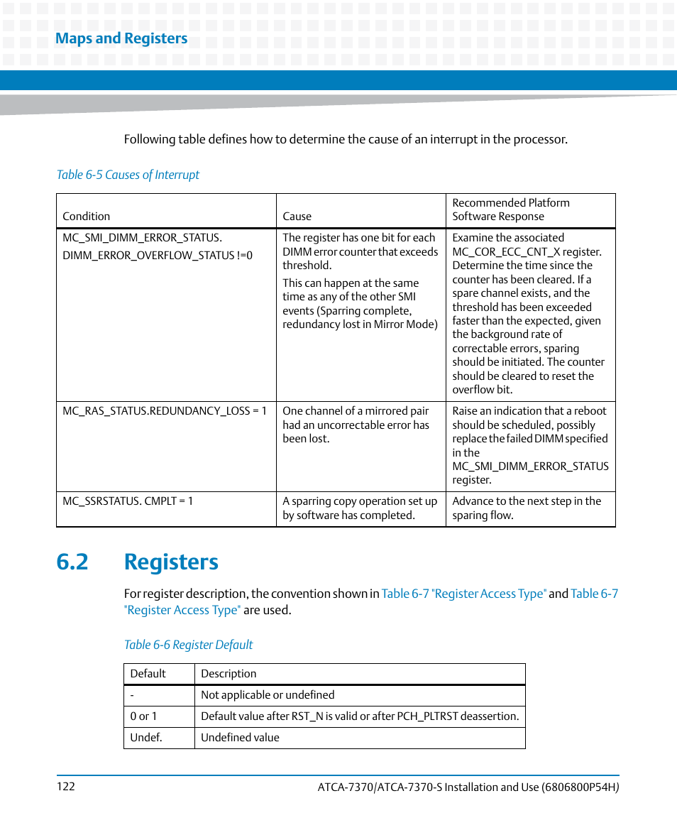 2 registers, Table 6-5, Causes of interrupt | Table 6-6, Register default, Maps and registers | Artesyn ATCA 7370 / ATCA 7370-S Installation and Use (January 2015) User Manual | Page 122 / 256