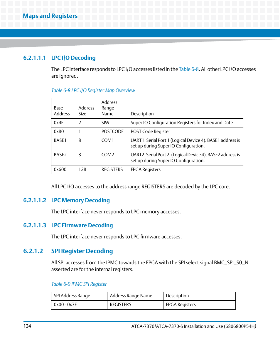 2 spi register decoding, Table 6-8, Lpc i/o register map overview | Table 6-9, Ipmc spi register, Maps and registers | Artesyn ATCA 7370 / ATCA 7370-S Installation and Use (January 2015) User Manual | Page 124 / 256