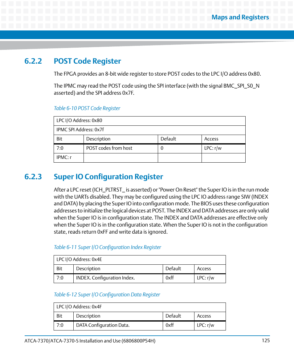 2 post code register, 3 super io configuration register, Table 6-10 | Post code register, Table 6-11, Super i/o configuration index register, Table 6-12, Super i/o configuration data register, Maps and registers | Artesyn ATCA 7370 / ATCA 7370-S Installation and Use (January 2015) User Manual | Page 125 / 256