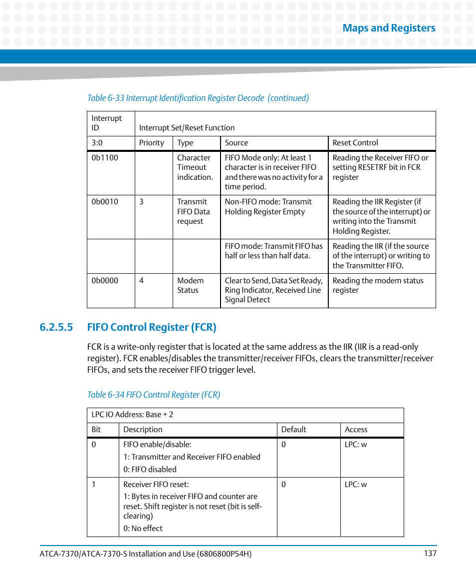 5 fifo control register (fcr), Table 6-34, Fifo control register (fcr) | Maps and registers | Artesyn ATCA 7370 / ATCA 7370-S Installation and Use (January 2015) User Manual | Page 137 / 256