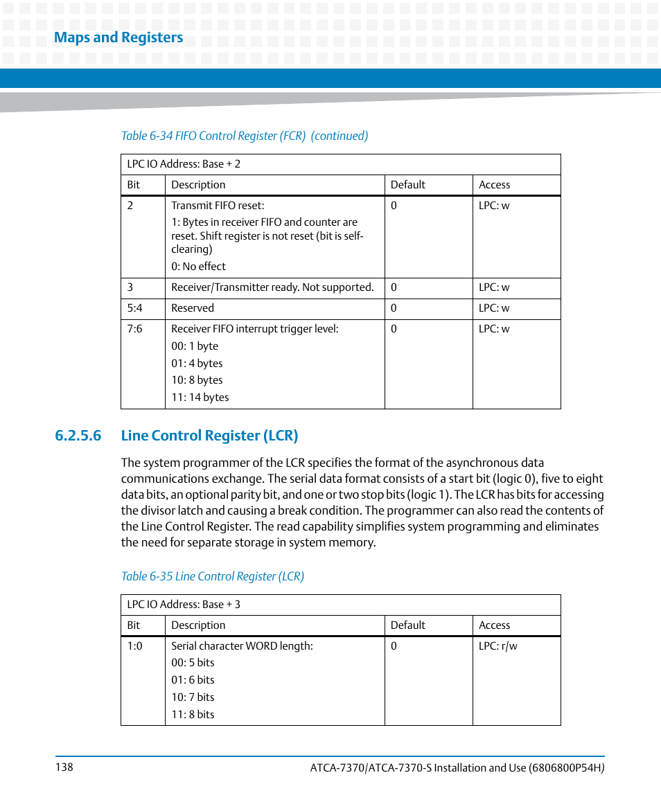 6 line control register (lcr), Table 6-35, Line control register (lcr) | Maps and registers | Artesyn ATCA 7370 / ATCA 7370-S Installation and Use (January 2015) User Manual | Page 138 / 256