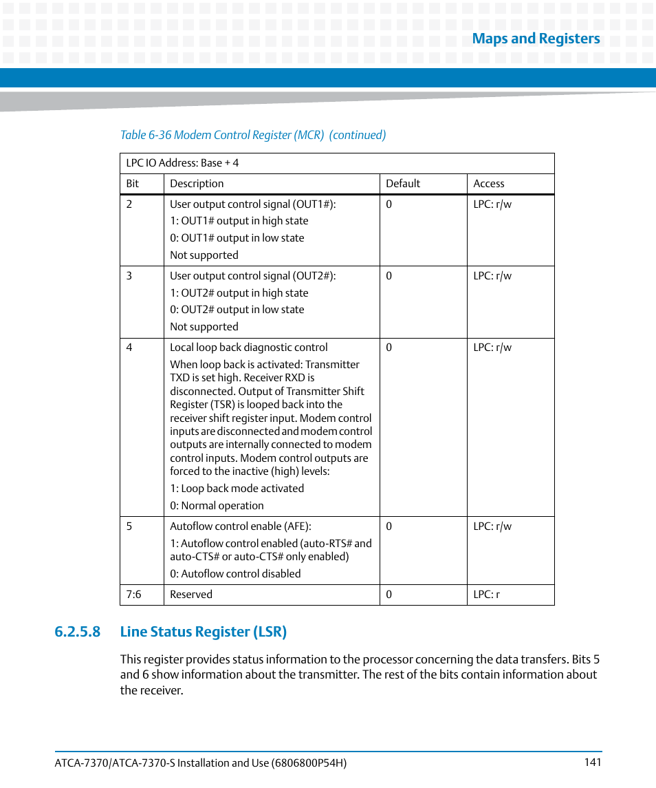 8 line status register (lsr), Maps and registers | Artesyn ATCA 7370 / ATCA 7370-S Installation and Use (January 2015) User Manual | Page 141 / 256