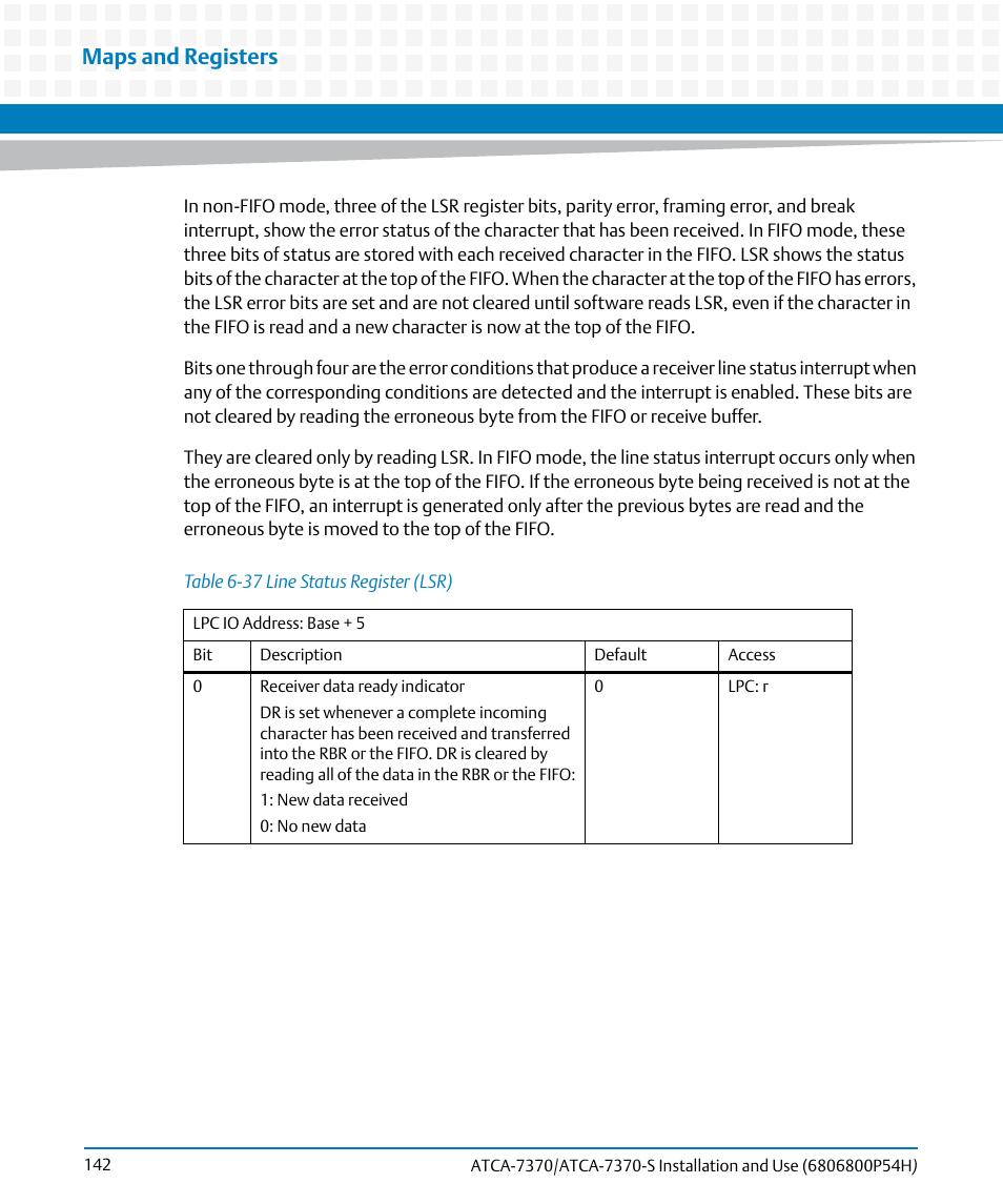 Table 6-37, Line status register (lsr), Maps and registers | Artesyn ATCA 7370 / ATCA 7370-S Installation and Use (January 2015) User Manual | Page 142 / 256