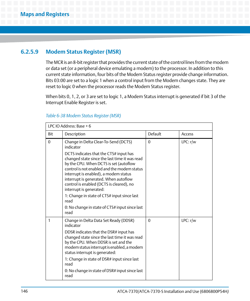 9 modem status register (msr), Table 6-38, Modem status register (msr) | Maps and registers | Artesyn ATCA 7370 / ATCA 7370-S Installation and Use (January 2015) User Manual | Page 146 / 256