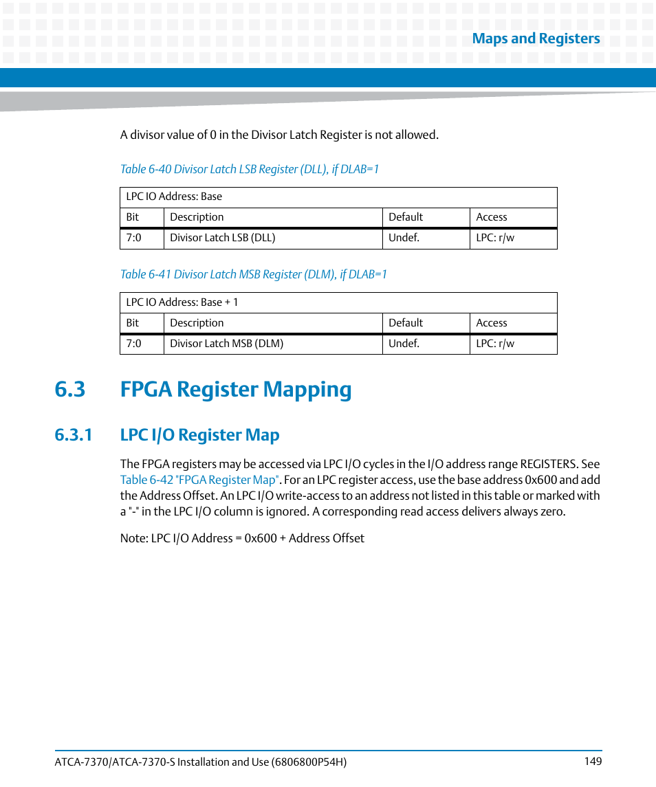 3 fpga register mapping, 1 lpc i/o register map, Table 6-40 | Divisor latch lsb register (dll), if dlab=1, Table 6-41, Divisor latch msb register (dlm), if dlab=1, Maps and registers | Artesyn ATCA 7370 / ATCA 7370-S Installation and Use (January 2015) User Manual | Page 149 / 256