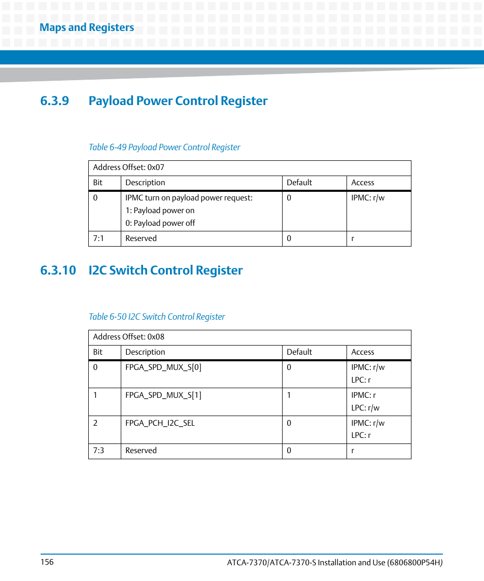 9 payload power control register, 10 i2c switch control register, Table 6-49 | Payload power control register, Table 6-50, I2c switch control register, Maps and registers | Artesyn ATCA 7370 / ATCA 7370-S Installation and Use (January 2015) User Manual | Page 156 / 256