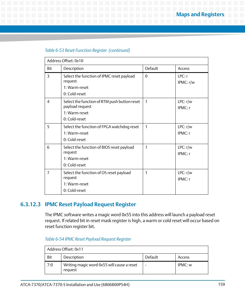 3 ipmc reset payload request register, Table 6-54, Ipmc reset payload request register | Maps and registers | Artesyn ATCA 7370 / ATCA 7370-S Installation and Use (January 2015) User Manual | Page 159 / 256