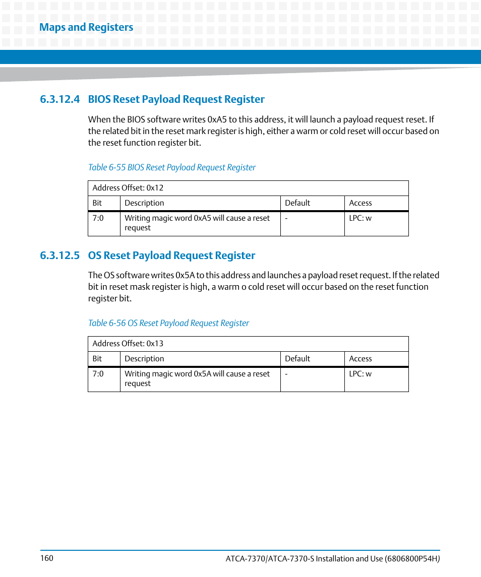 4 bios reset payload request register, 5 os reset payload request register, Table 6-55 | Bios reset payload request register, Table 6-56, Os reset payload request register, Maps and registers | Artesyn ATCA 7370 / ATCA 7370-S Installation and Use (January 2015) User Manual | Page 160 / 256